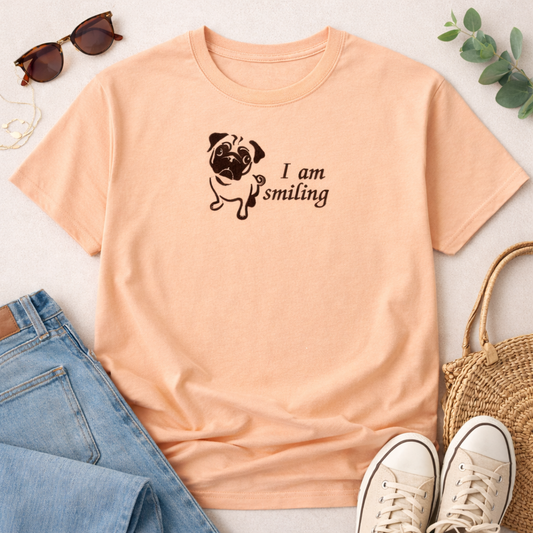 Pug Embroidered T-Shirt – “I Am Smiling” Dog Shirt | Comfort Colors C1717 | 14 Colors | Made to Order