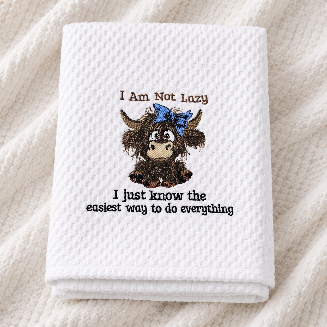 White towel with embroidered cartoon cow and text on a textured beige background