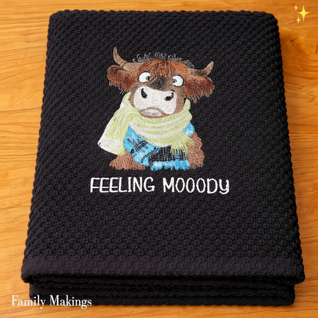 Black towel with embroidered cartoon cow and 'Feeling Moody' text on a wooden surface