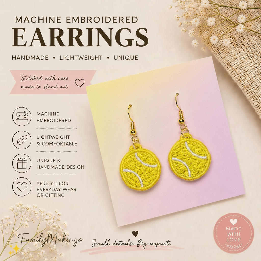 Yellow tennis ball-themed earrings on a pink card with product features listed.