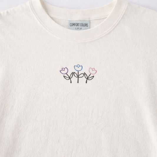 Minimal Tulip Embroidery Tee – Comfort Colors Shirt – Small Chest Floral – Made to Order – 14 Colors
