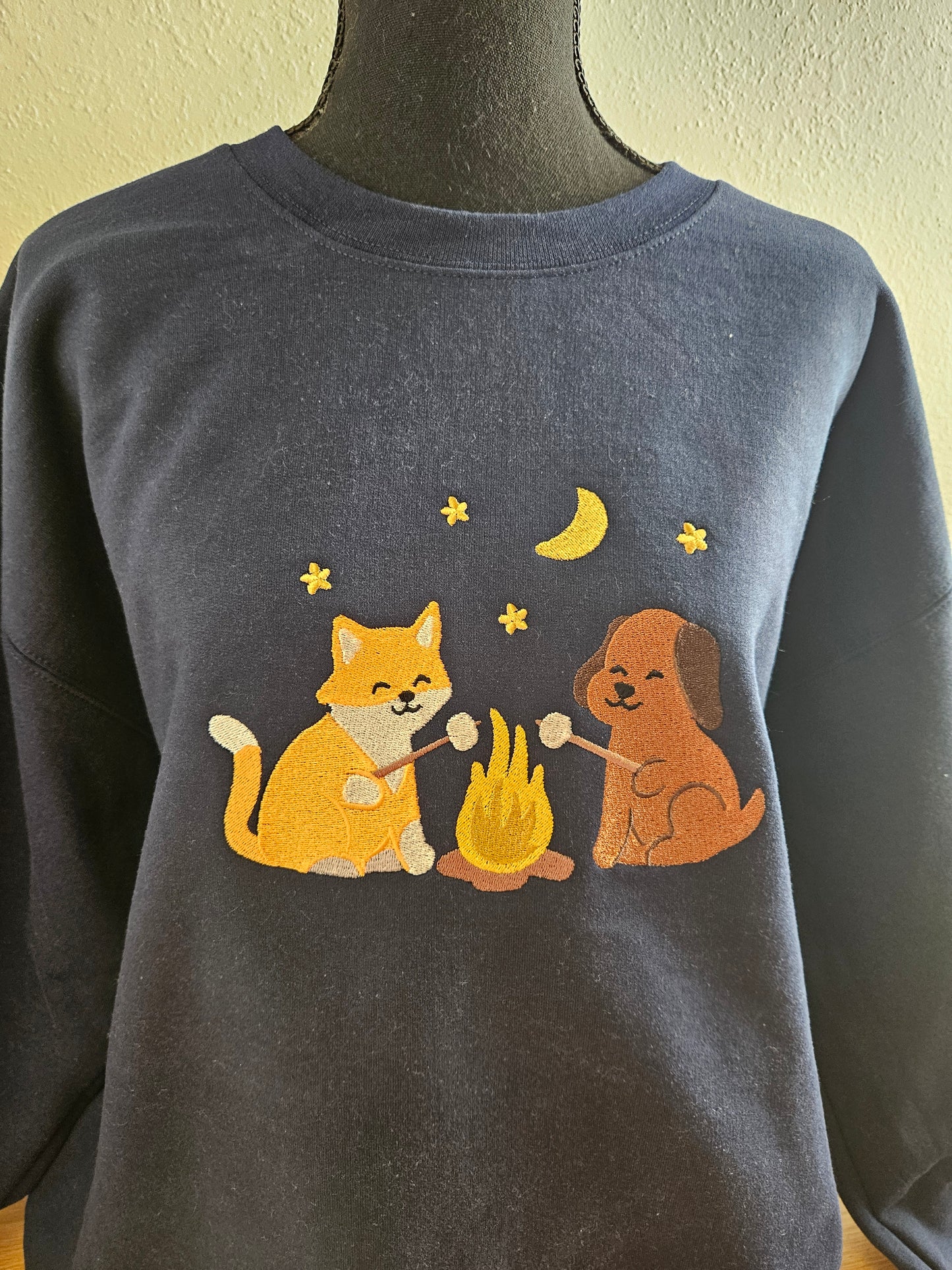 Cozy Campfire Friends Embroidered Sweatshirt | Fox & Dog Roasting Marshmallows | Fall Camping Crewneck or Hoodie