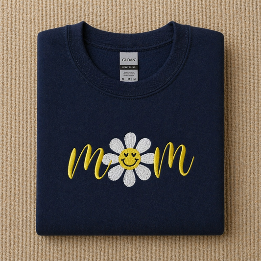 Navy Mom Daisy Embroidered Crewneck