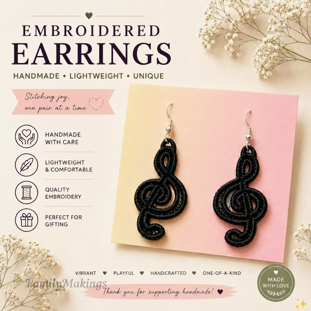 Embroidered, lightweight. quality and perfect for gifting.  Treble Clef embroidered earrings
