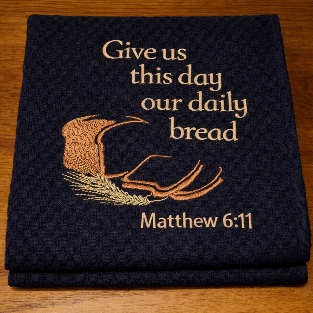 Embroidered towel with bread and bible verse on a wooden surface