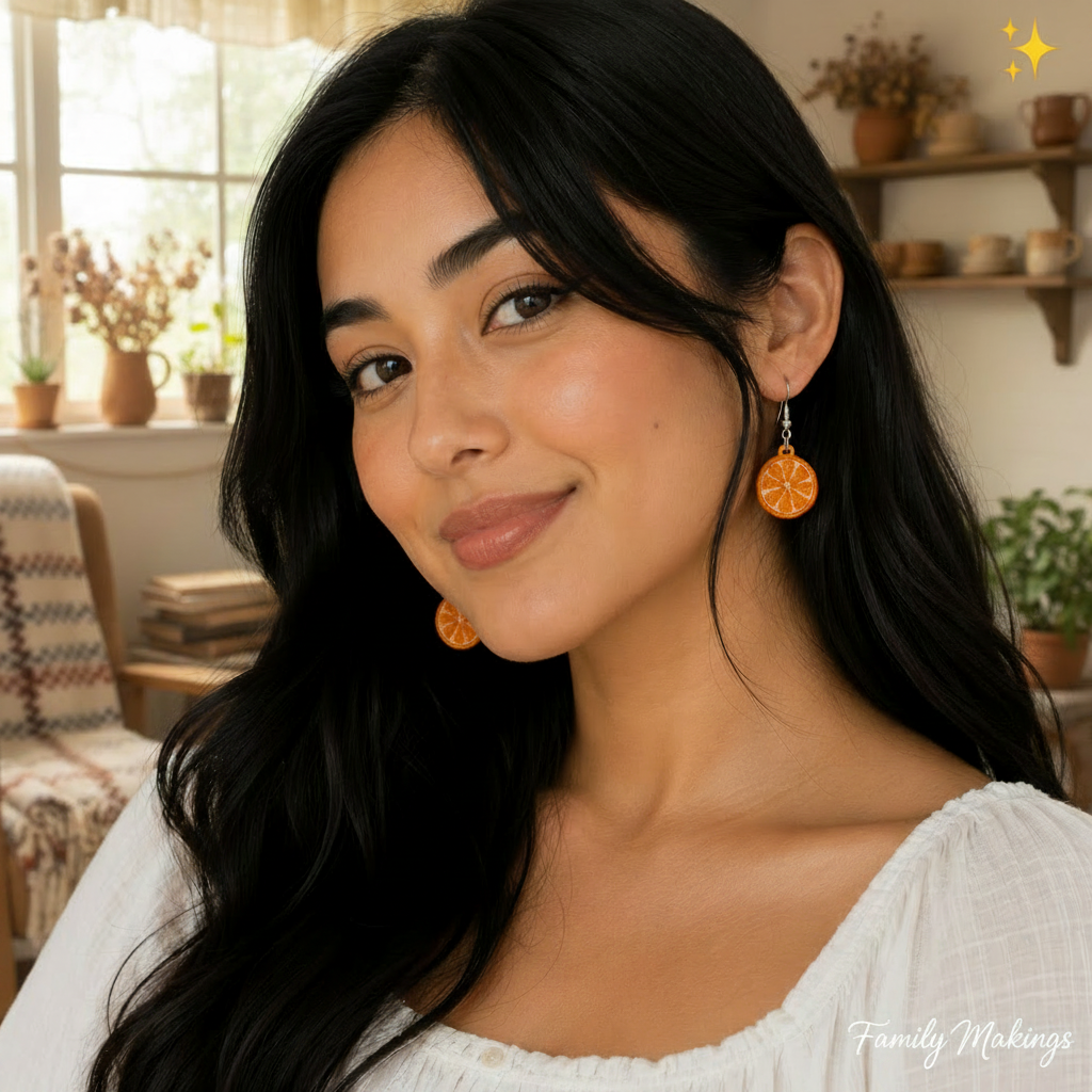 Person wearing embroidered orange slice earrings