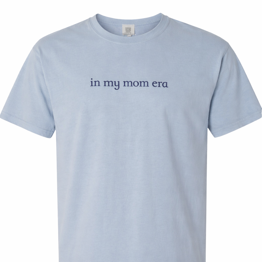 Hydrangea t-shirt with 'in my mom era' embroidered text on a white background
