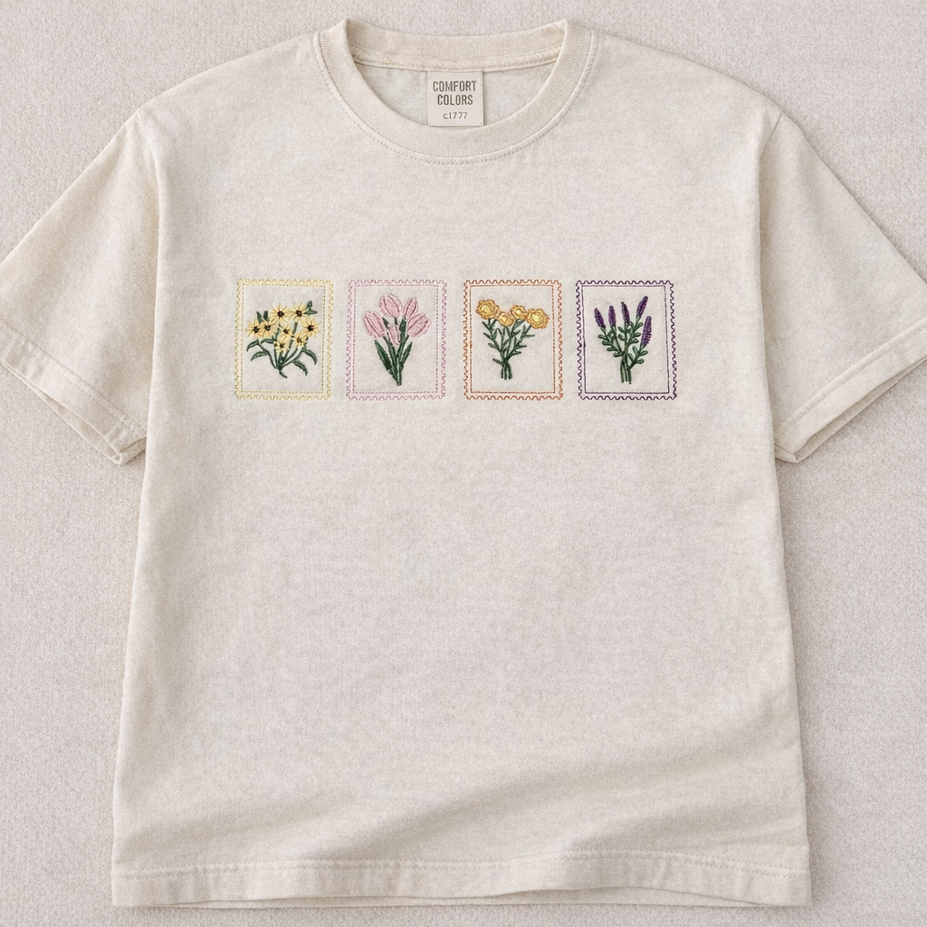 Ivory t-shirt with embroidered flower designs on a light gray background