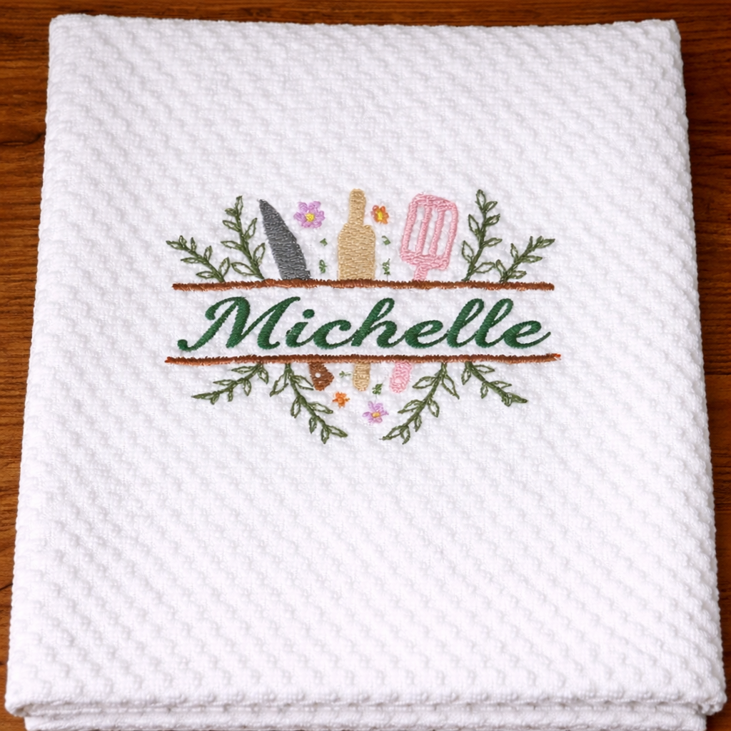 White towel with embroidered design and 'Michelle' text on a wooden surface