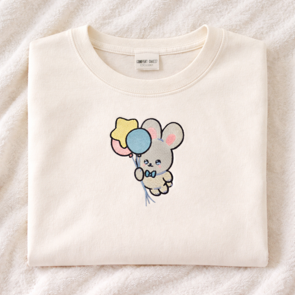 Ivory t-shirt with a cartoon bunny design holding balloons on a white background