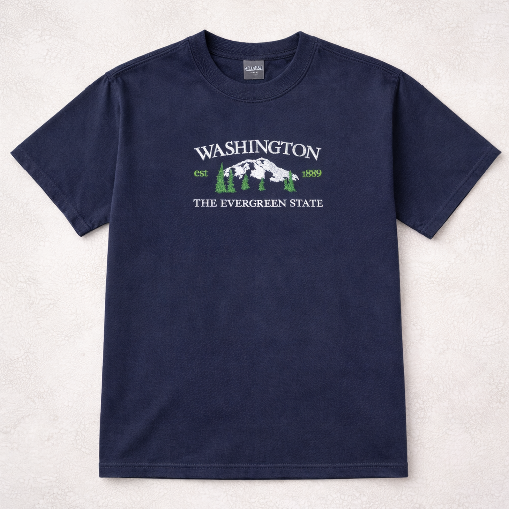 Navy t-shirt with 'Washington' design on a light gray background