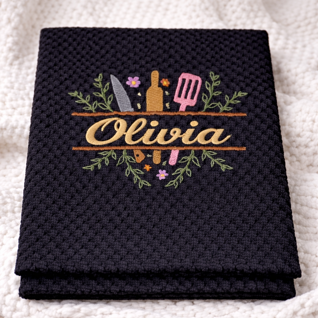 Black embroidered towel with 'Olivia' and kitchen utensil design on a white background