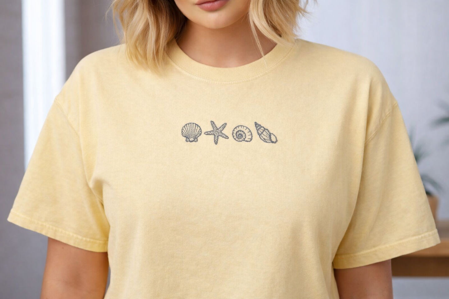Coastal Seashell Embroidered T-Shirt – Comfort Colors C1717, 14 Colors, Made to Order