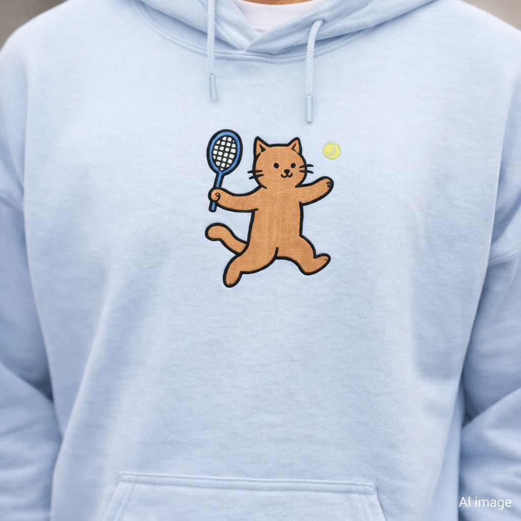 Light blue hoodie with a cartoon cat design holding a tennis racket and ball on the chest.