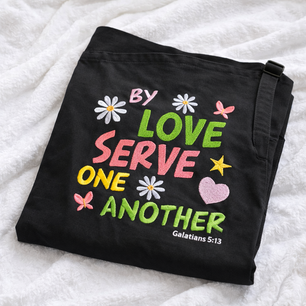 Black apron with colorful text and embroidery on a white textured surface