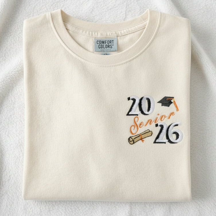 Folded ivory-colored t-shirt with '20 Senior 26' embroidery on a gray background