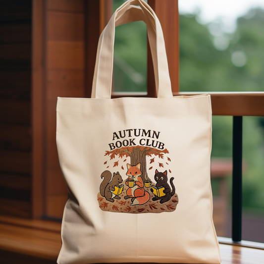 Autumn Book Club Tote Bag – Embroidered Fall Tote, Fox Cat Squirrel Design, Book Lover Gift, Made to Order Canvas Bag