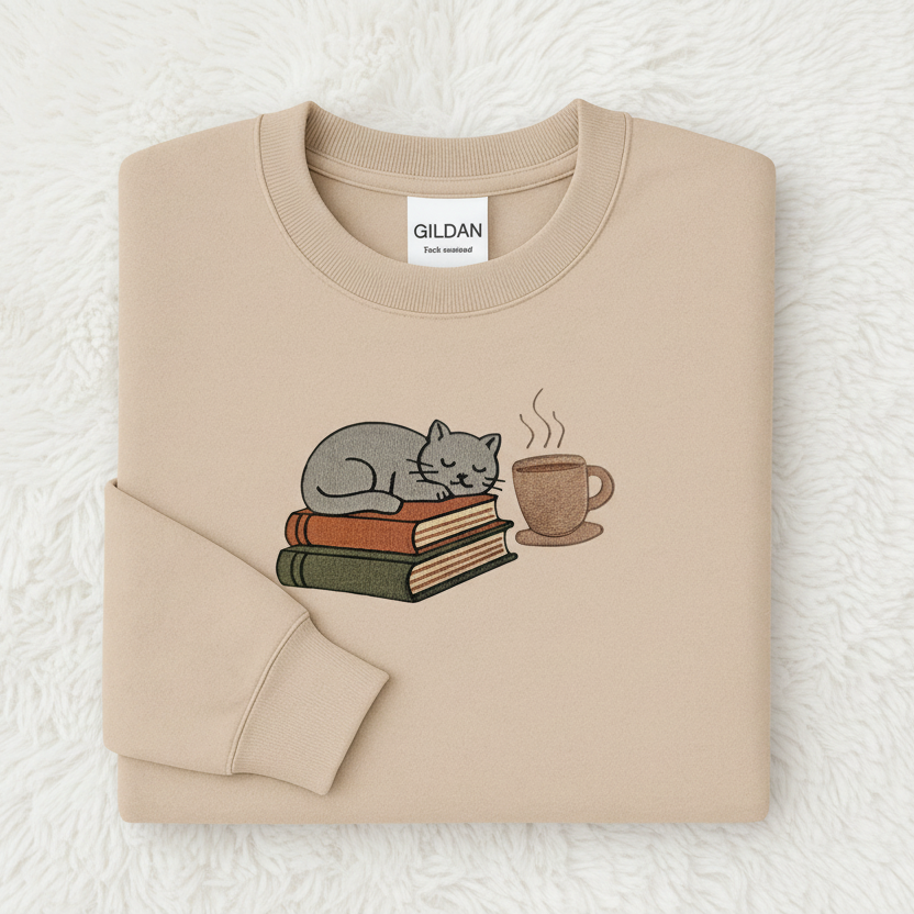 Sand sweatshirt with a cat, books, and coffee cup design on a white background