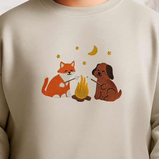 Cozy Campfire Friends Embroidered Sweatshirt | Fox & Dog Roasting Marshmallows | Fall Camping Crewneck or Hoodie