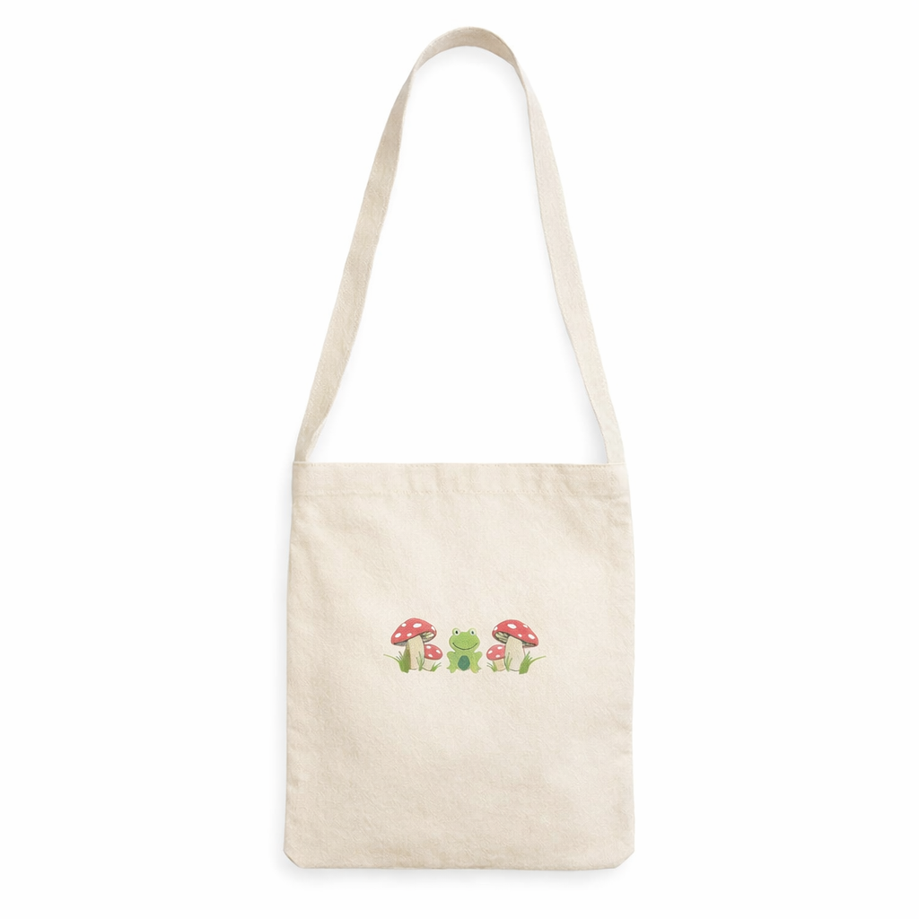 Natural sling tote bag with mushroom design on a white background