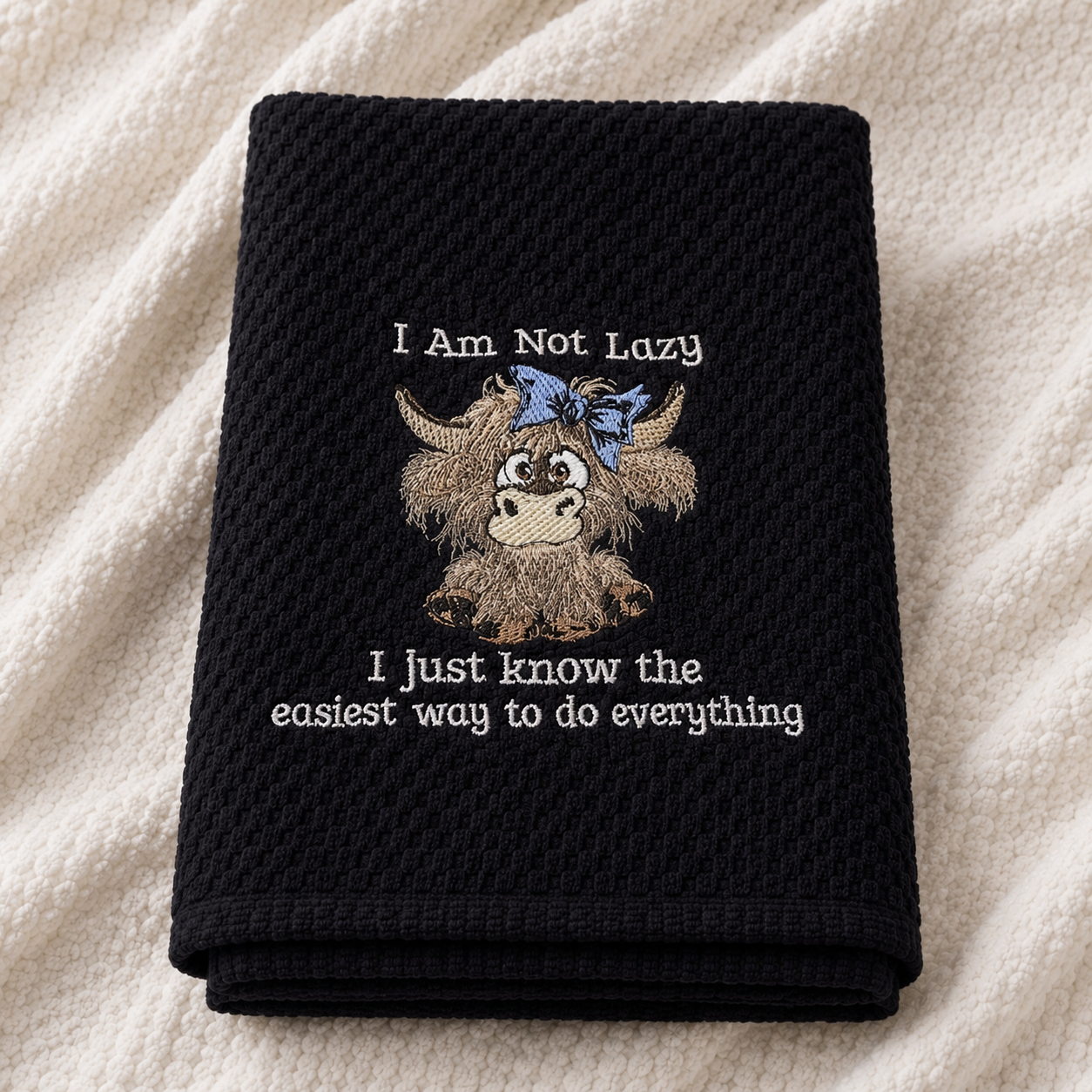 Black towel with embroidered cow and text on a textured surface