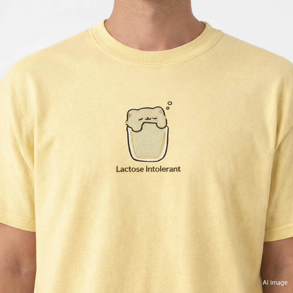 Butter t-shirt with a cartoon milk glass with cat and 'Lactose Intolerant' embroidered text on a plain background