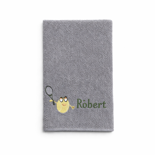 Gray microfiber towel with embroidered tennis design and 'Robert' text on a white background