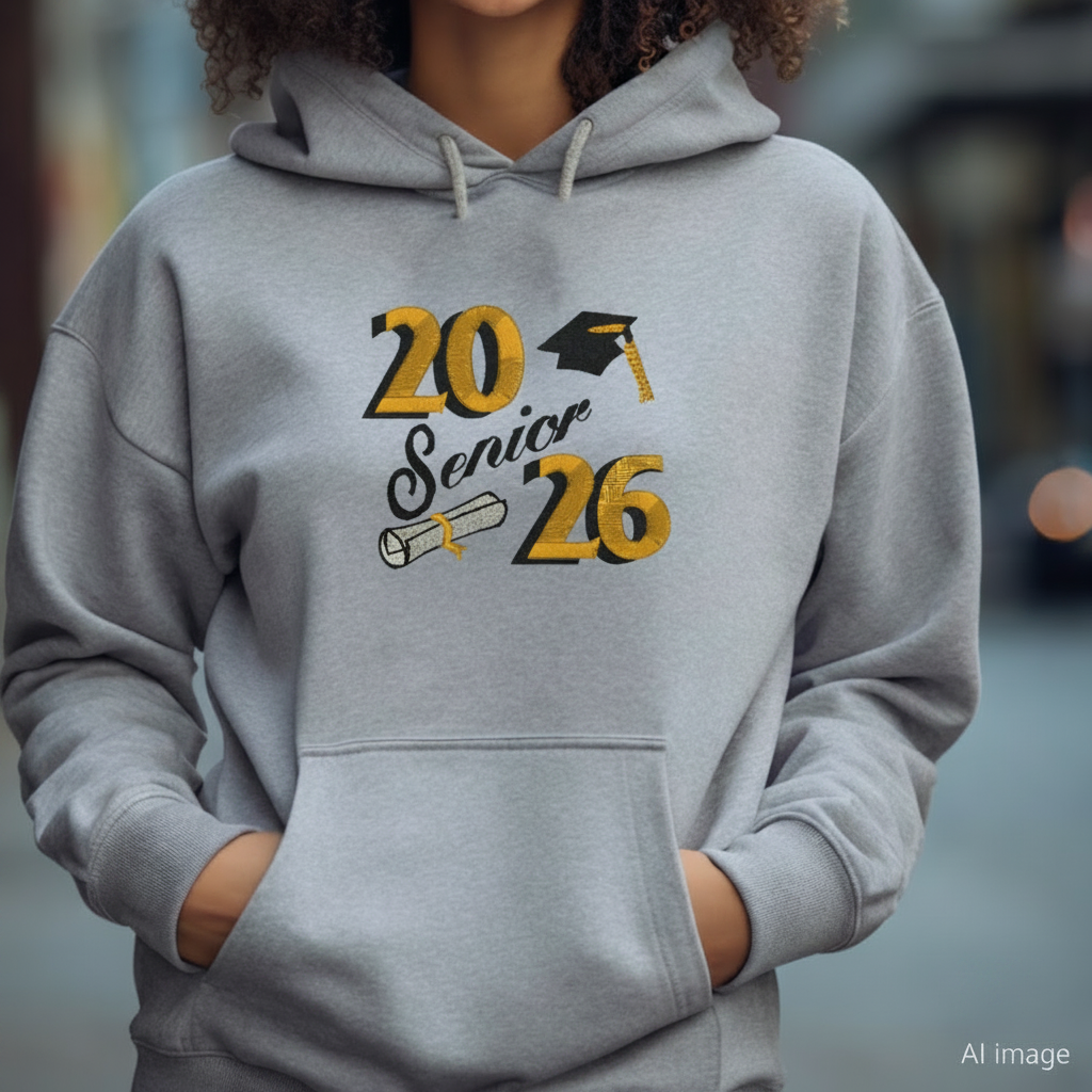 Person wearing an ash gray hoodie with '20 Senior 26' design, blurred background