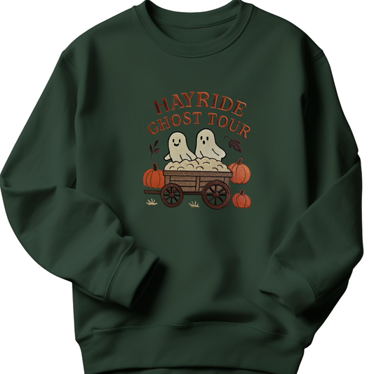 Hayride Ghost Tour Embroidered Sweatshirt | Fall Halloween Crewneck or Hoodie | Ghosts with Pumpkins & Hay Wagon | Autumn Cozy Sweatshirt