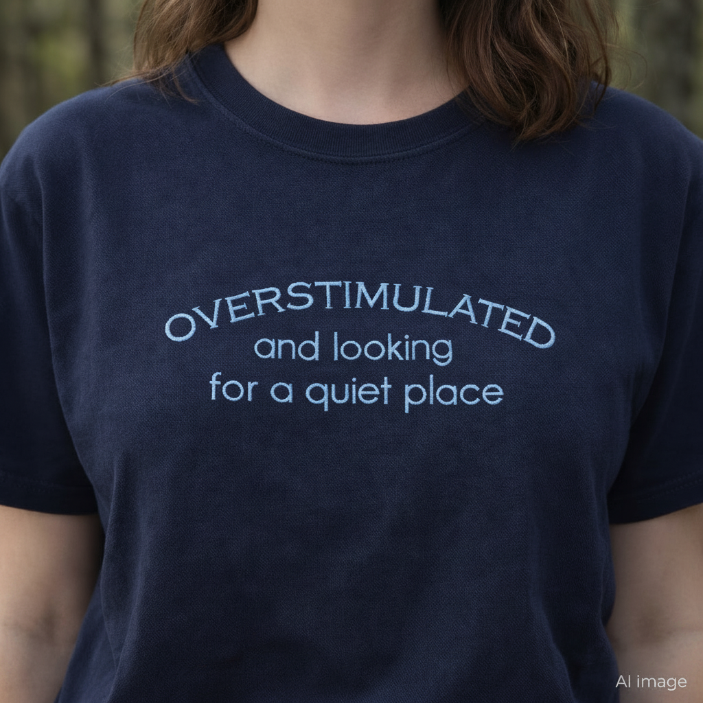 Navy t-shirt with white embroidered text worn by a person outdoors