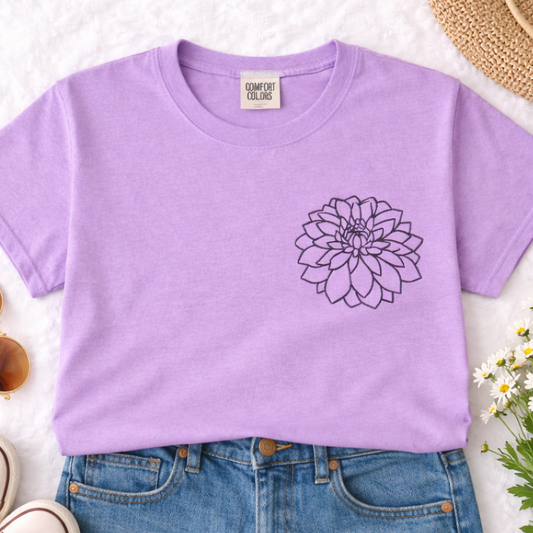 Floral Embroidered Comfort Colors Tee | Dahlia Flower Shirt | C1717 | 14 Colors | Made to Order