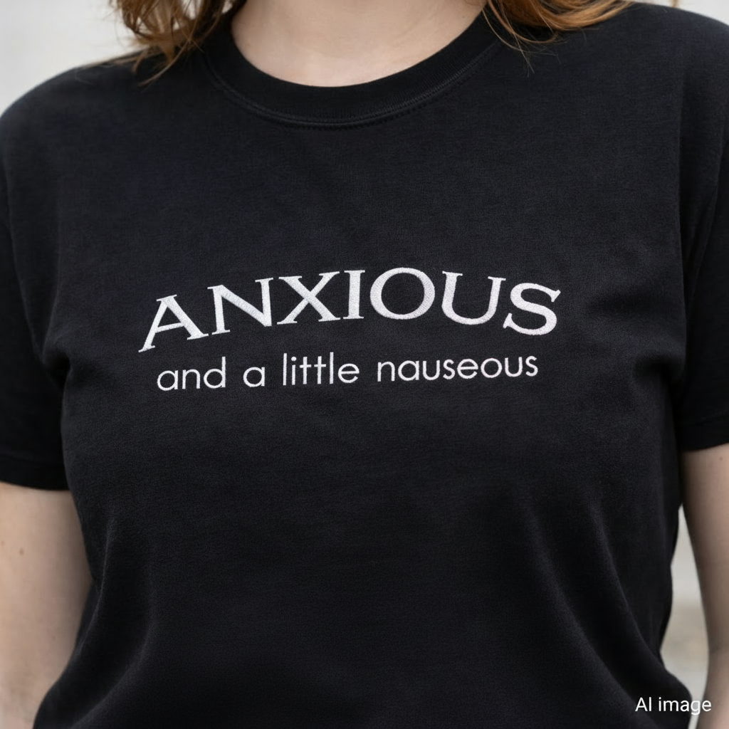 Person wearing a black t-shirt with 'ANXIOUS and a little nauseous' embroidered text.
