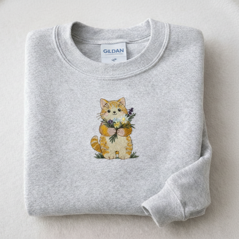 Folded ash sweatshirt with a cat holding flowers design on a light background