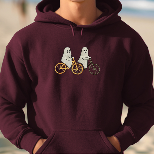 Halloween Ghost Sweatshirt, Embroidered Crewneck or Hoodie, Ghost Friends on Bikes, Fall Embroidery Pullover
