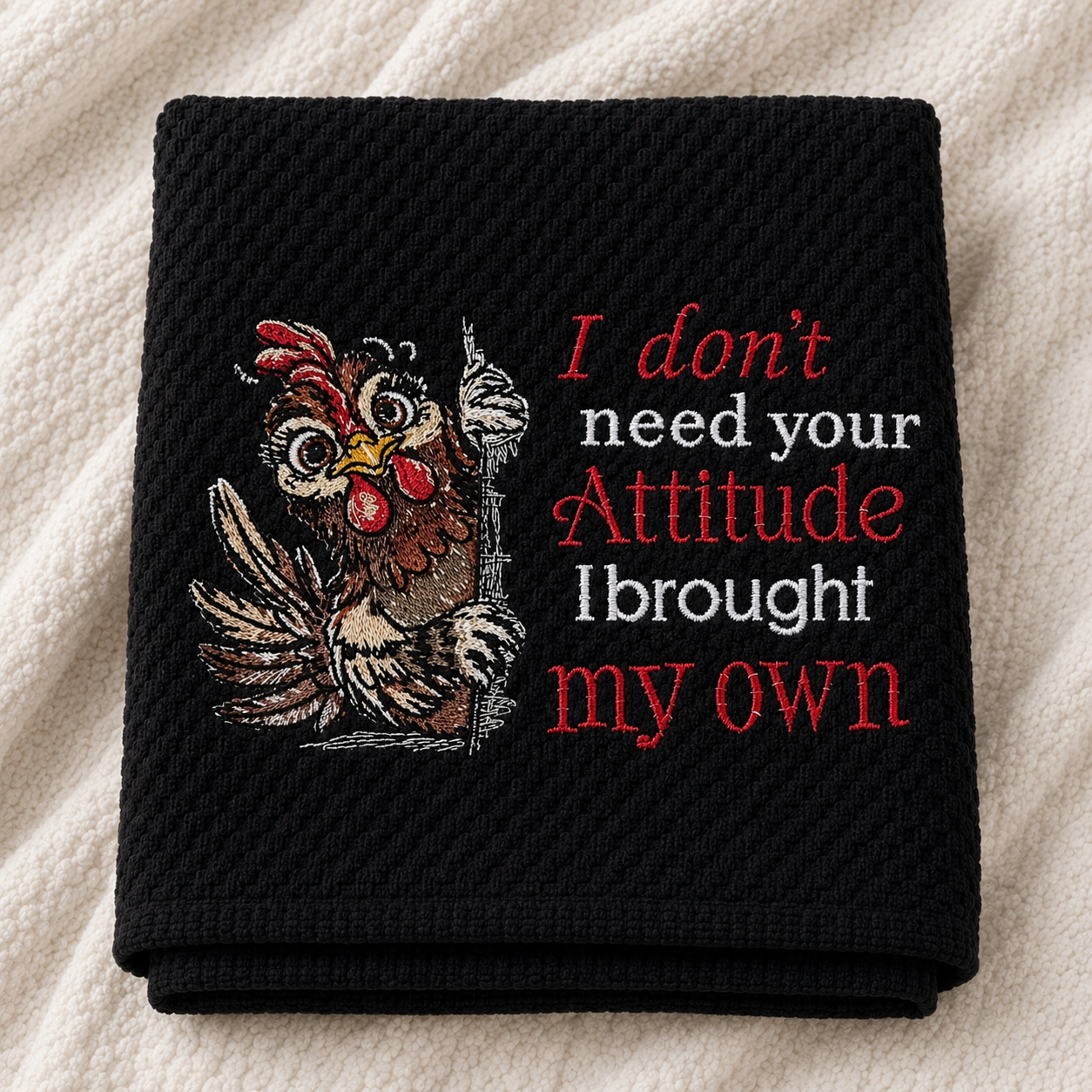 Black towel with a rooster graphic and text on a beige background