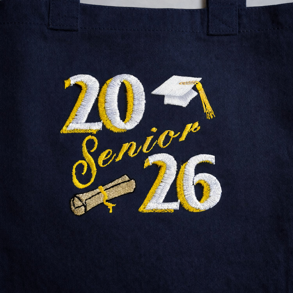 Navy blue bag with '20 Senior 26' embroidered in yellow and white on a white background