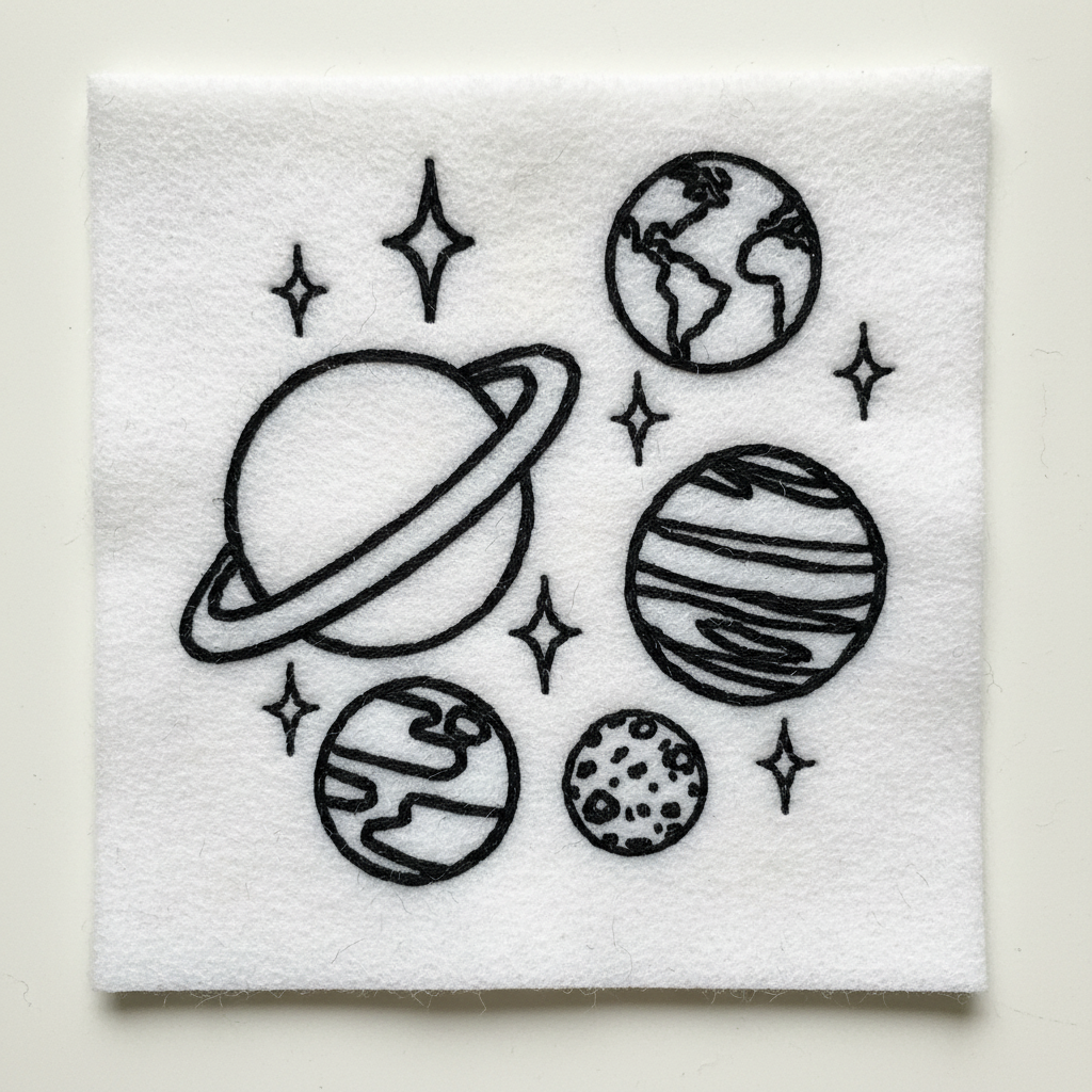 Set of black planet and star embroidered design on a white background