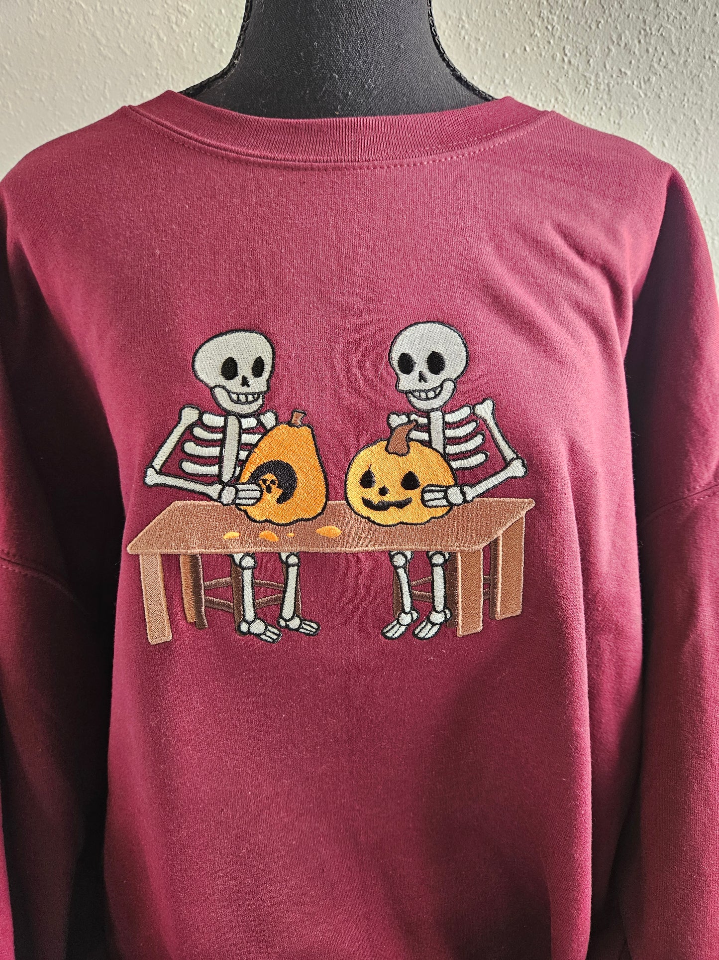 Skeletons Carving Pumpkins Embroidered Sweatshirt | Custom Halloween Crewneck or Hoodie | 10 Colors | Made to Order