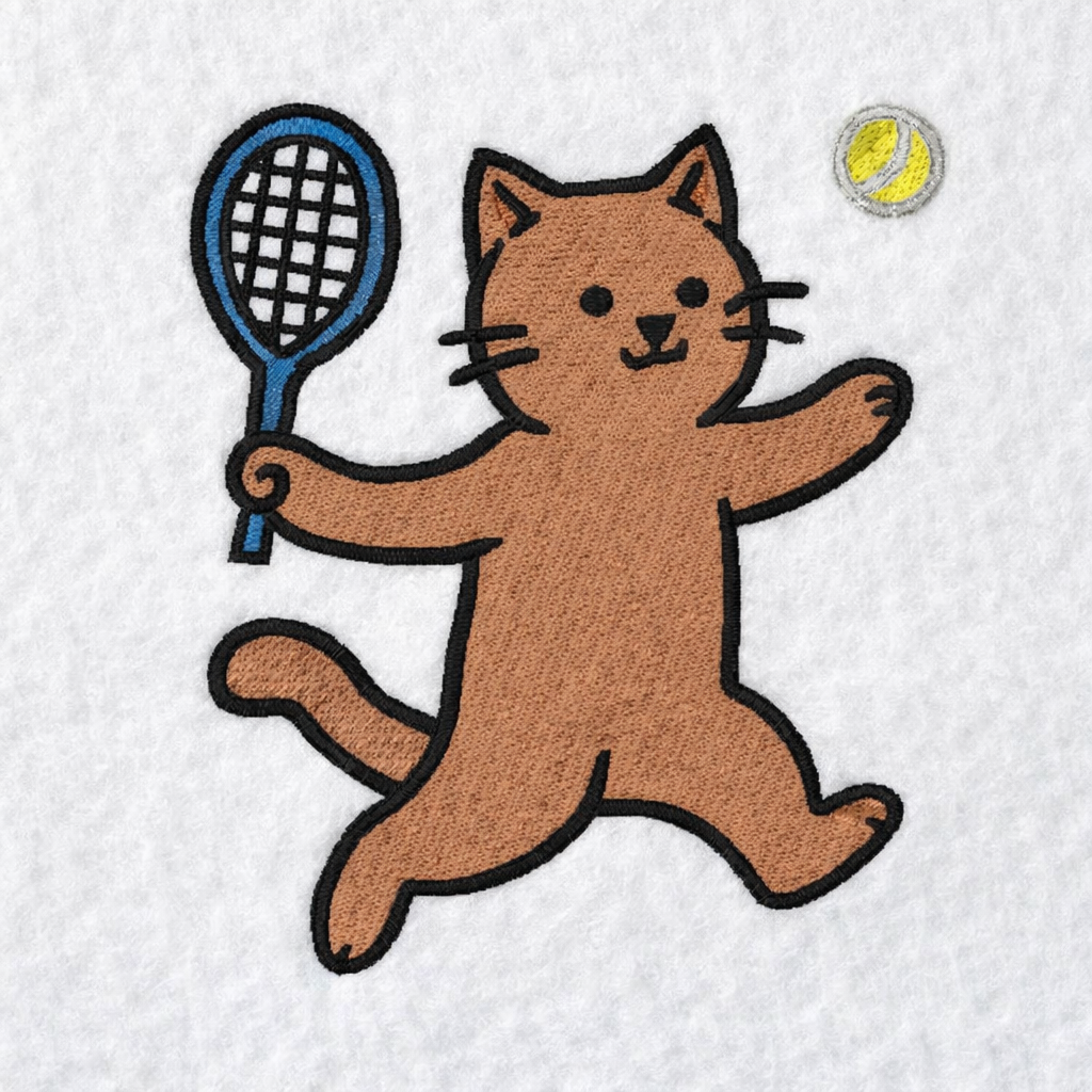 Embroidered design of a cat playing tennis on a white fabric background
