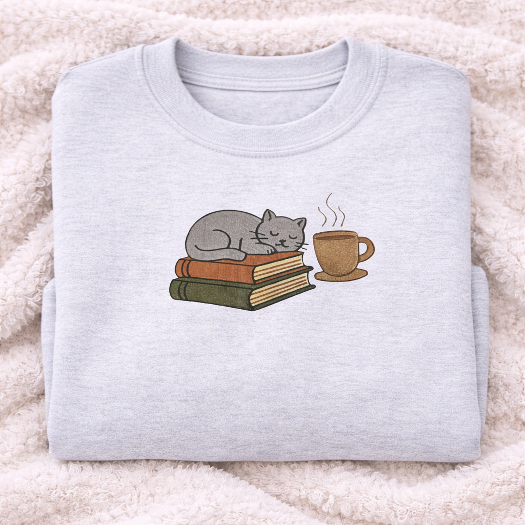 Ash graysweatshirt with a cat and books design on a fluffy white surface