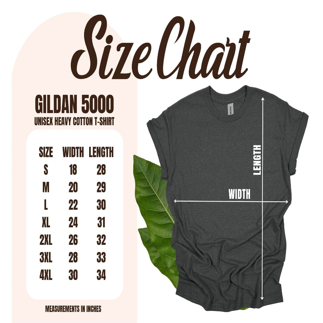Gildan 5000 size chart with a black t-shirt on a white background