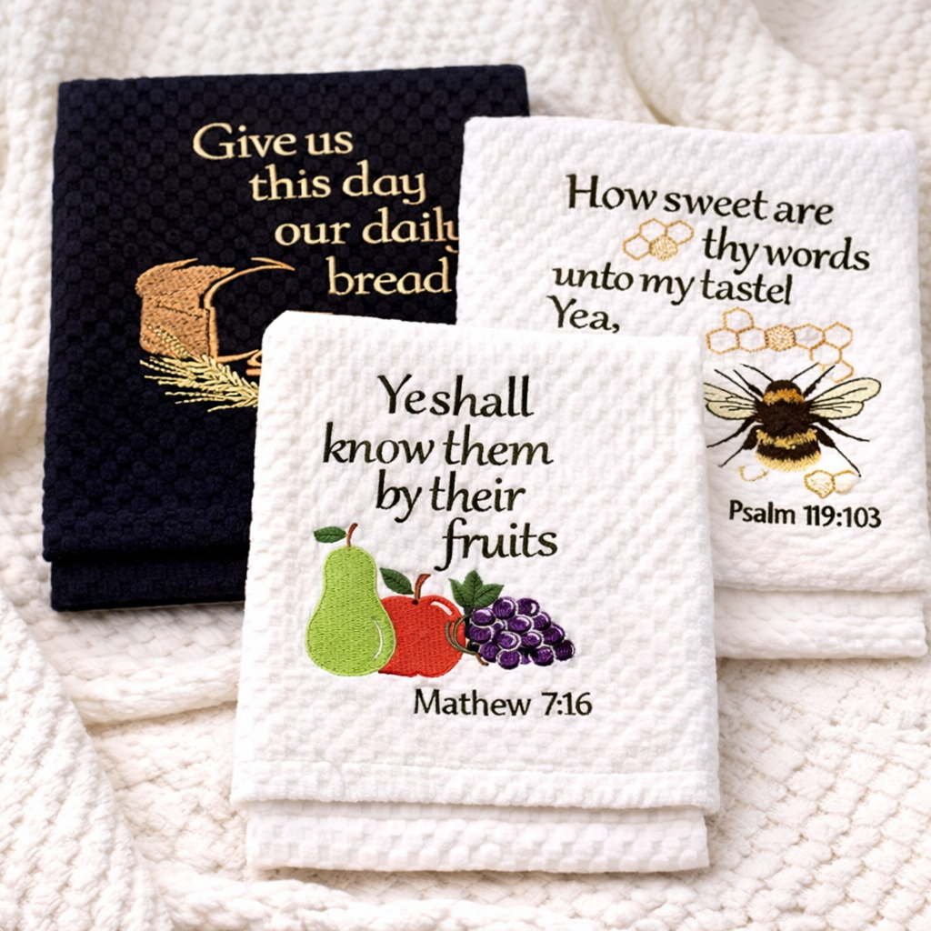 Set of three embroidered towels with religious text and illustrations on a textured surface.