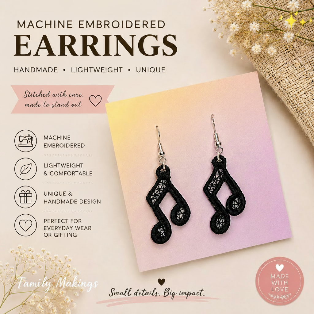 Machine embroidered, lightweight, unique and perfect for gifting.  Beamed Eighth Note embroidered earrings