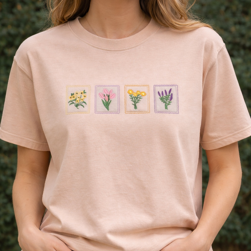 Person wearing a peachy t-shirt with floral embroidery designs against a natural background