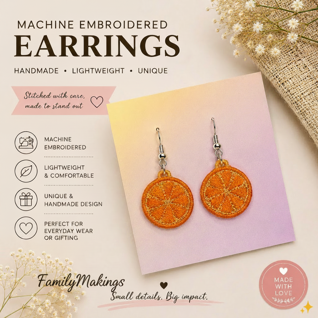 Machine embroidered, lightweight, unique qn perfect for gifting.  Embroidered orange slice earrings.