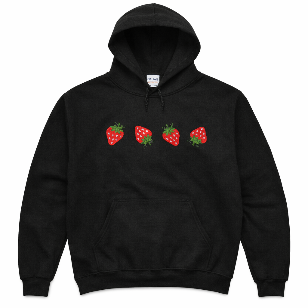 Black hoodie with strawberry design on a white background