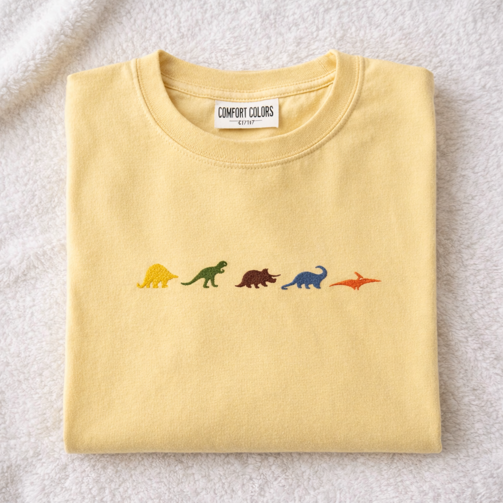 Folded butter t-shirtt with embroidered dinosaur designs on a textured surface