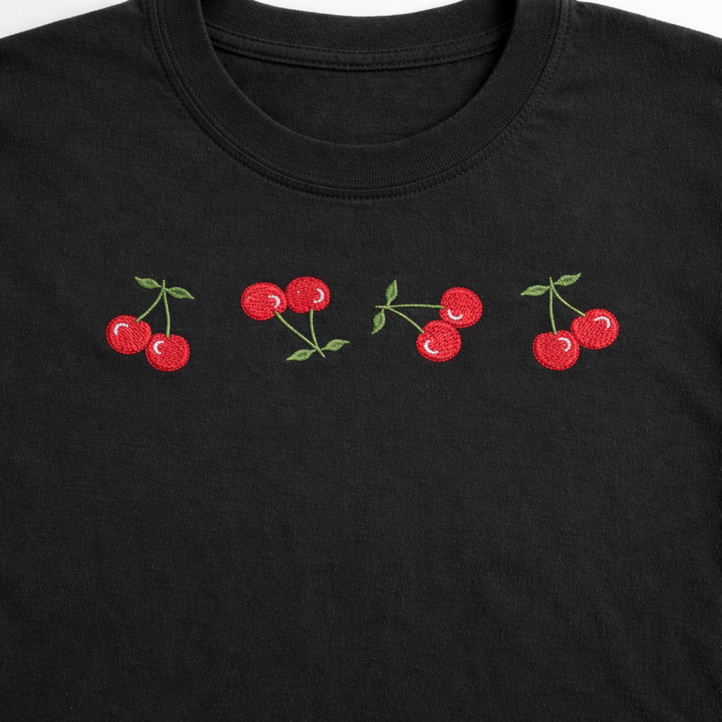 Black t-shirt with red cherry embroidery on a plain background