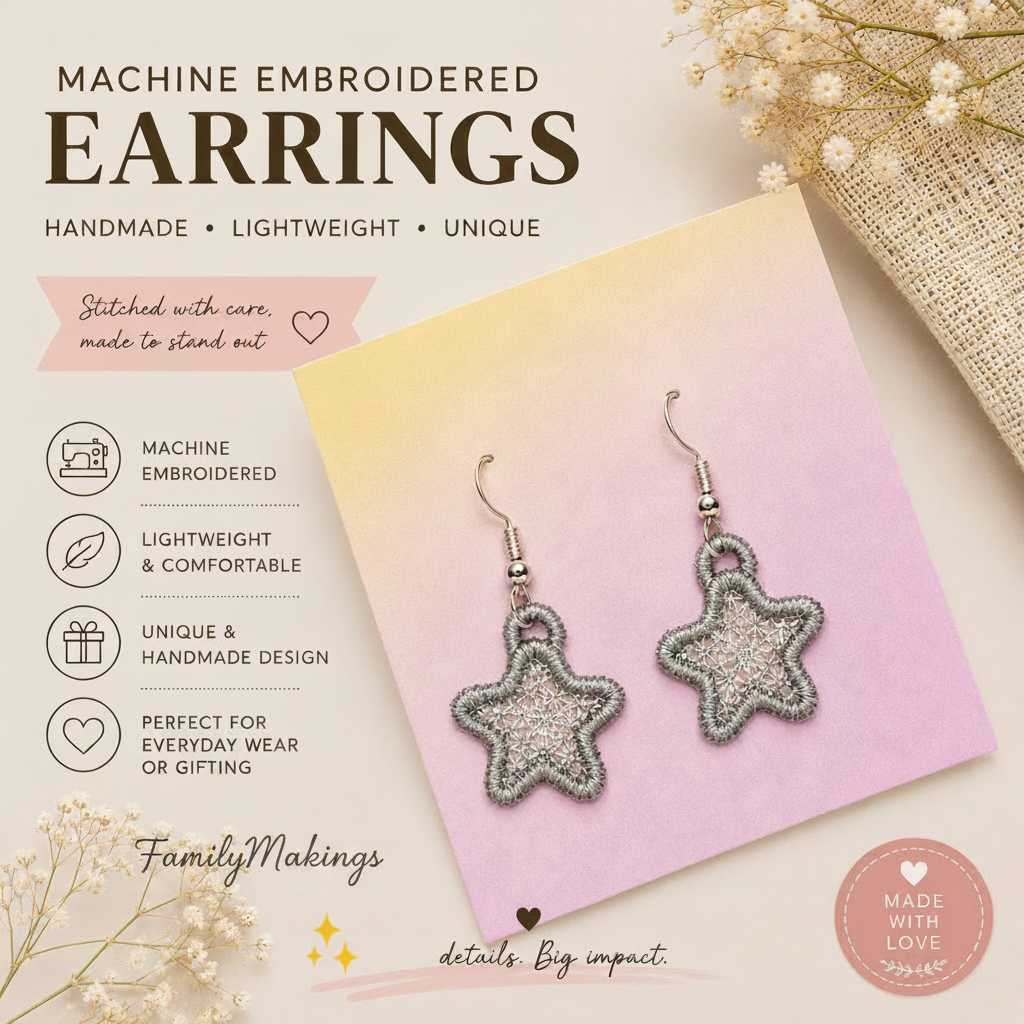 Machine embroidered, light weight, unique and a perfect gift.  Embroidered star earrings