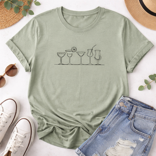 Cocktail Line Art Embroidered Shirt – Comfort Colors Tee, Minimalist Bar Glass Design, Made to Order